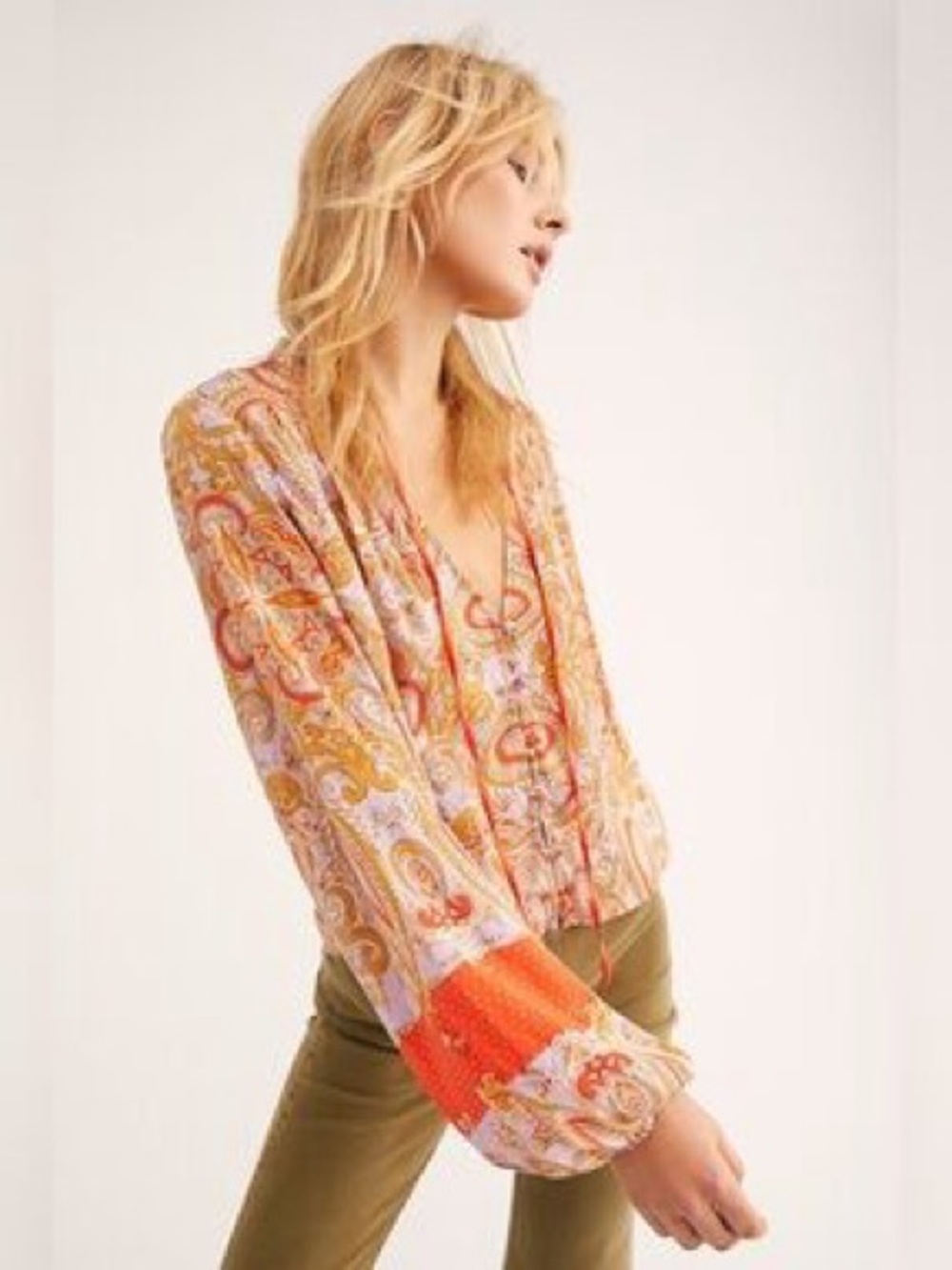 Free People Lavender Paisley Blouse with Orange Accents